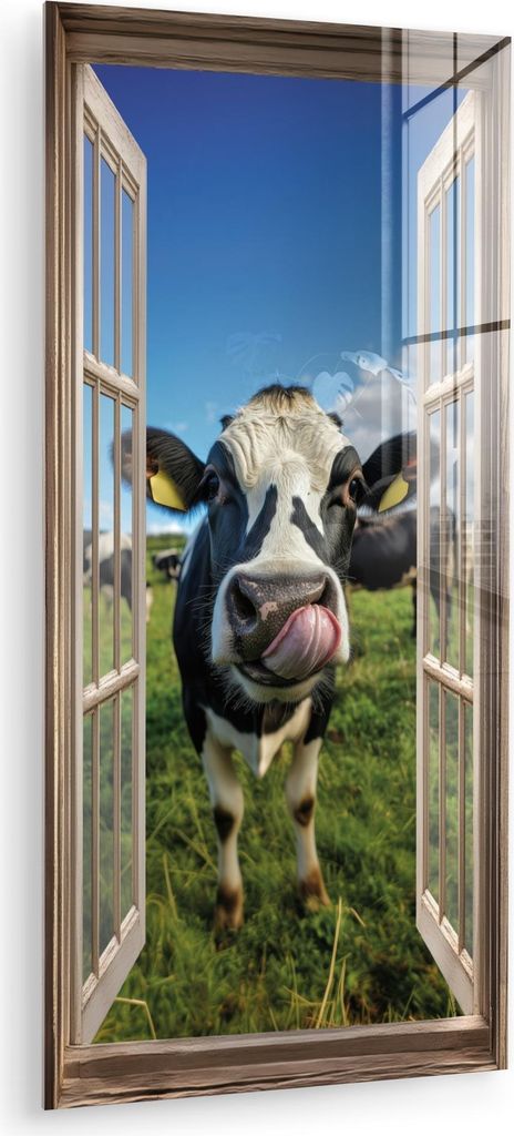 MuchoWow Glasbilder - Bilder auf Wandbild - Foto auf Glas Durchgucken - Kuh - Wiese - Tiere - Natur 60x120 cm Wanddekoration aus Glas - Acrylglasbi...