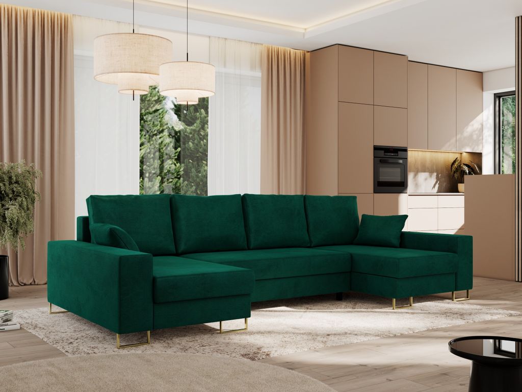 MKS MEBLE Ecksofa U mit Schlaffunktion und Bettkasten, Wohnlandschaft U-form - DORIAN U - Dunkelgrün Velvet