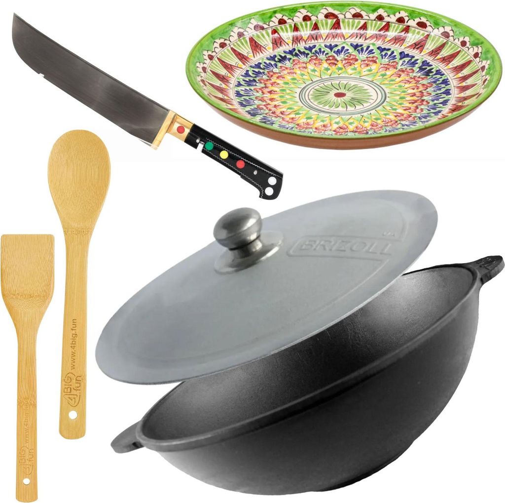 Wok 30 cm aus Gusseisen 4,7 L mit zwei Griffen Aluminiumdeckel Bambus-Küchenutensilien usbekischer Pchak Laganteller handbemalt Orientalisches Koc...