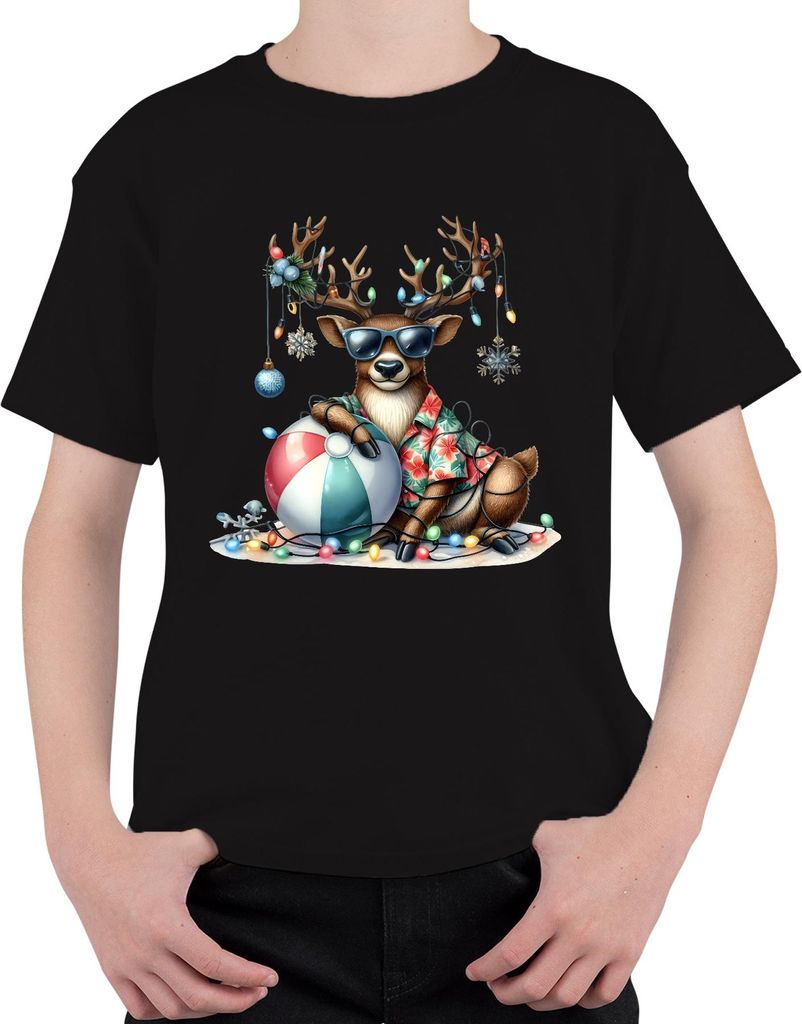 Weihnachtsrentier Sonnenbrille Hawaiihemd Strandball Lichterkette Uni Kinder T-Shirt, Schwarz, 140