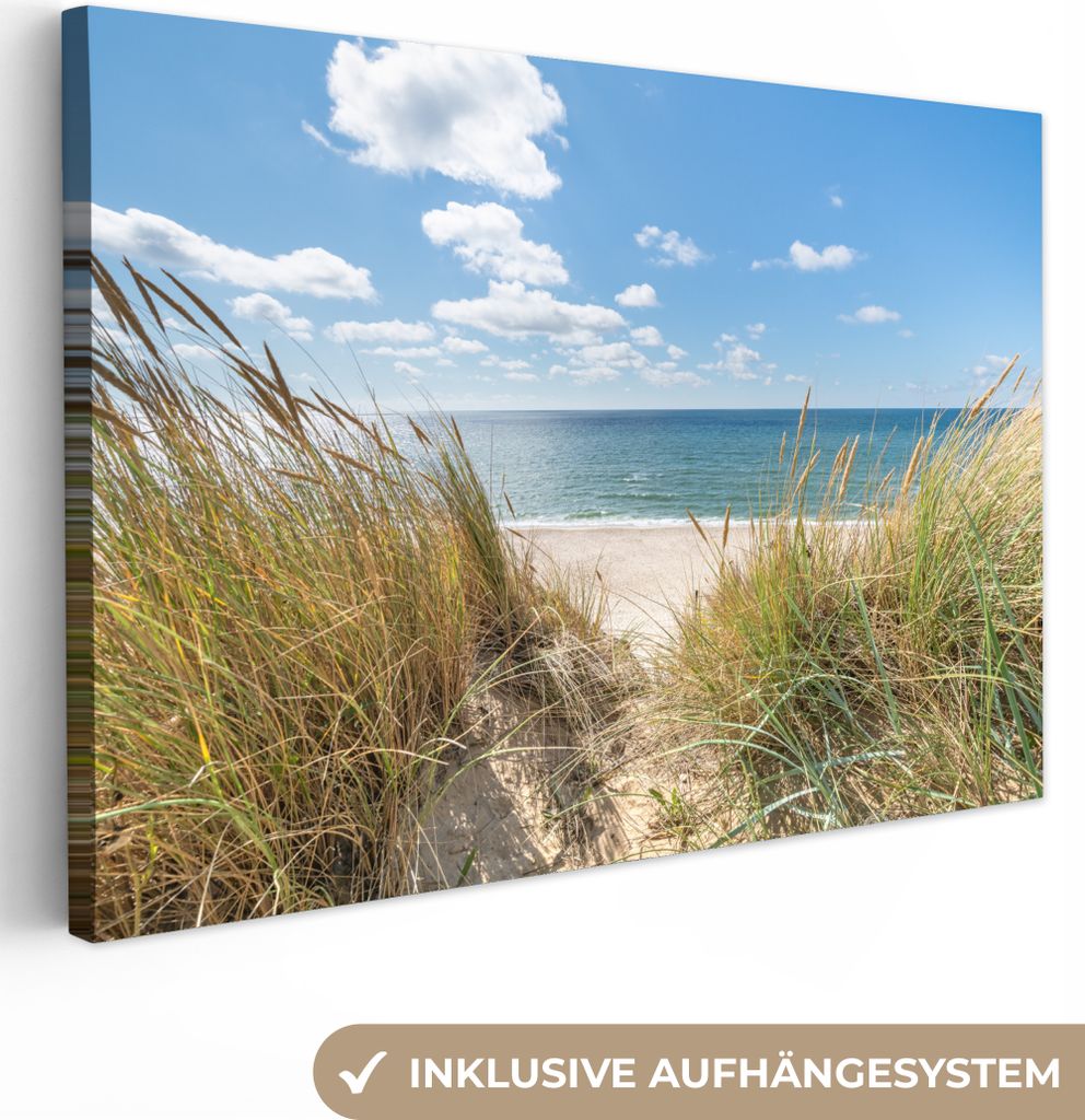 MuchoWow - Leinwandbilder - Düne - Gras - Meer - Strand, Wandbild, Wanddeko Bilder Wohnzimmer, 30x20 cm