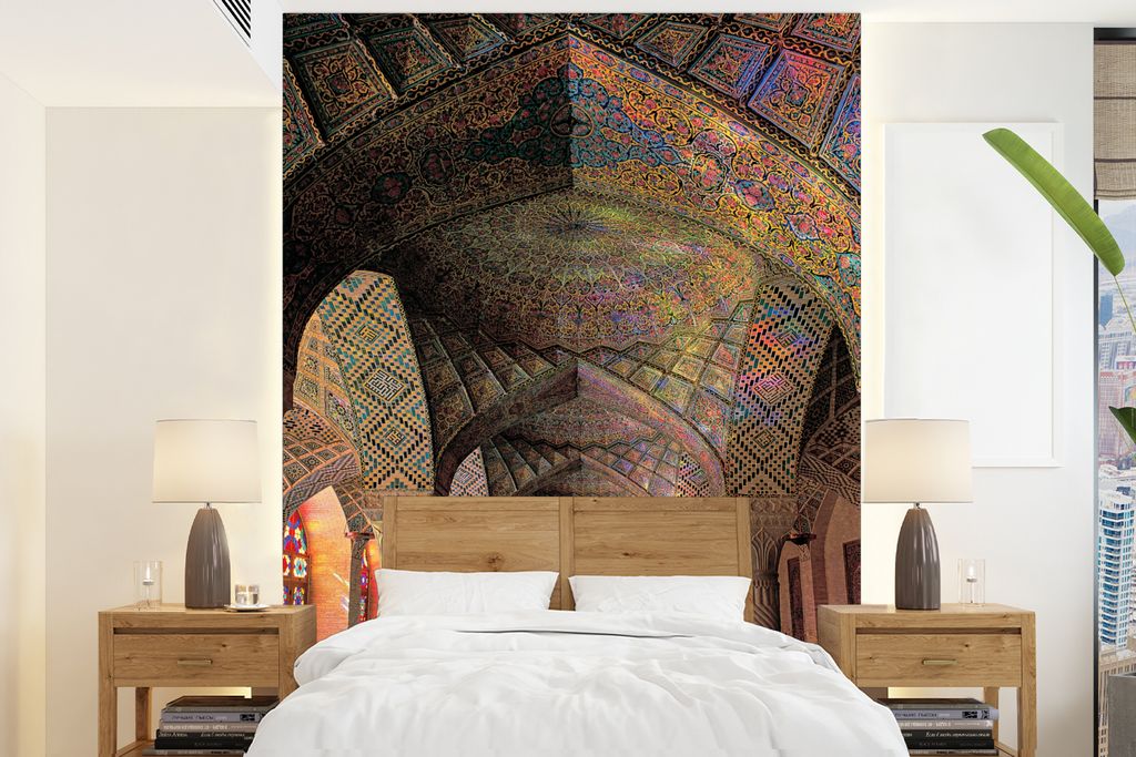 MuchoWow Fototapete für Wohnzimmer oder Schlafzimmer Wandtapete Vinyl Motivtapete Architektur - Farben - Stein - Gebäude - Regenbogen - 205x280...