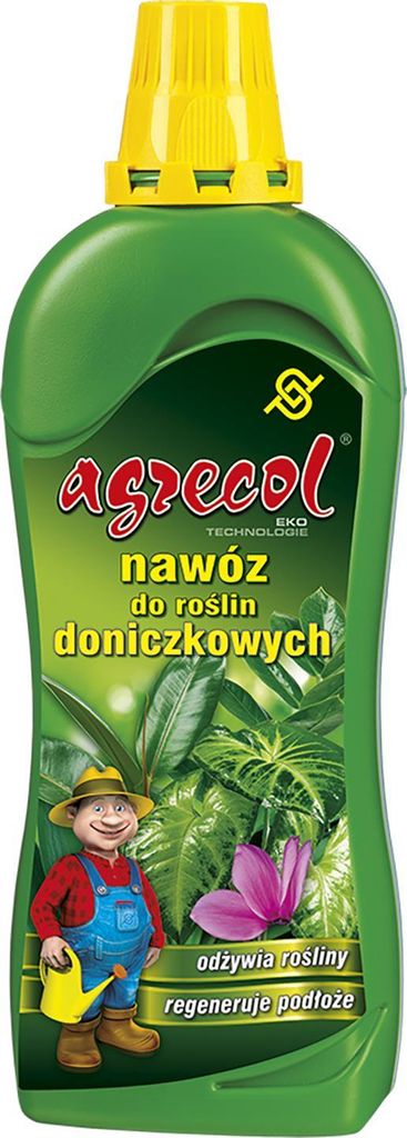 A bottle of plant fertilizer with a cartoon gardener illustration.