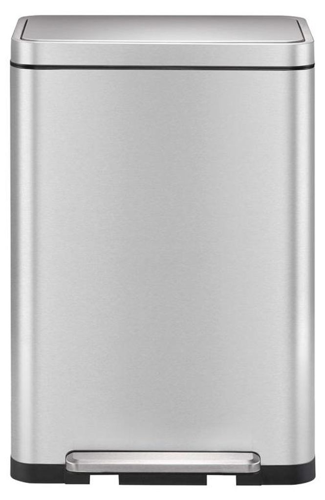 A front view of a stainless steel trash can with a pedal.
