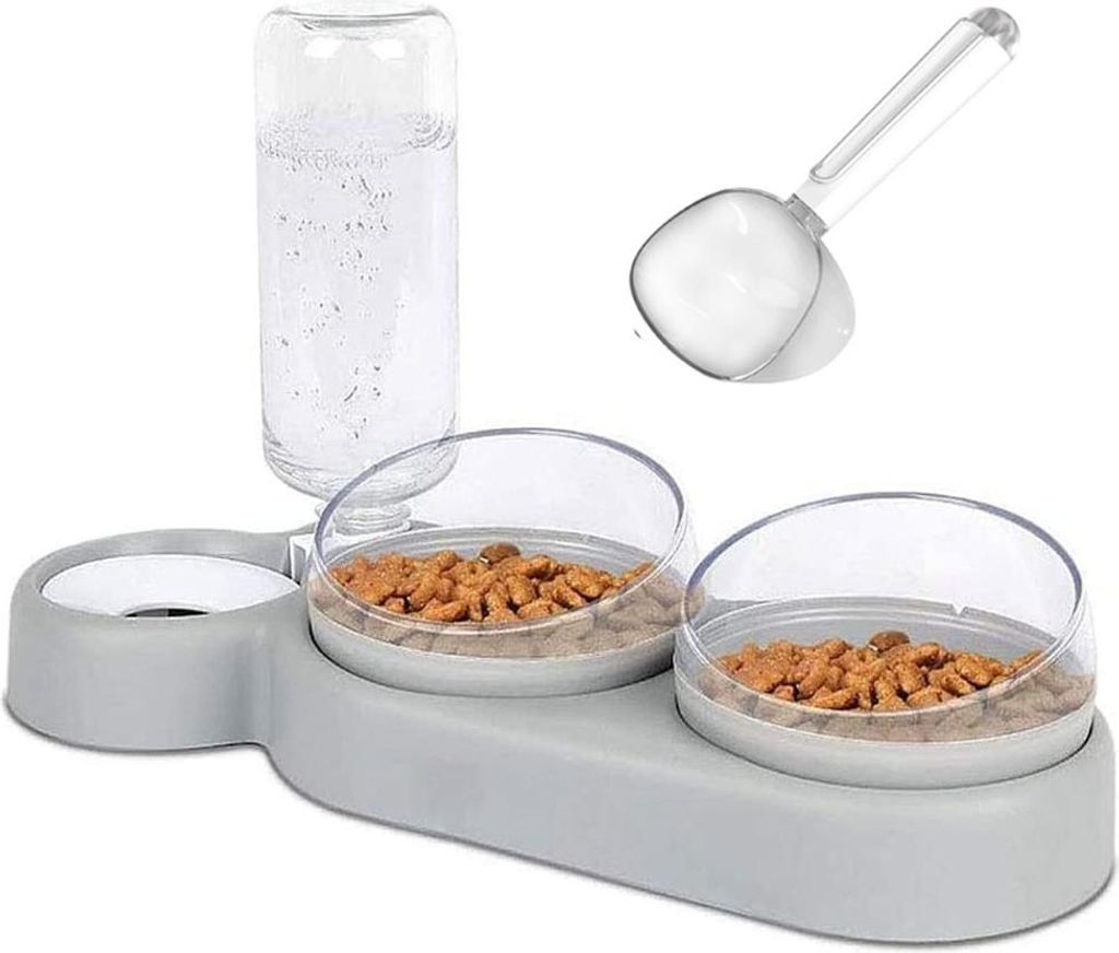 Katzennapf-Set, 15° neigbarer Doppelnapf für Nass- und Trockenfutter mit automatischer Wasserflasche für kleine und mittelgroße Hunde und Katzen