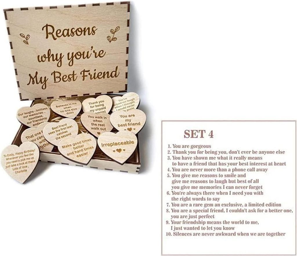 Einzigartiges Freundschaftsgeschenk: Personalisierte Holzgeschenkbox mit gravierten Holzherzen – das perfekte Geschenk für die beste Freundin