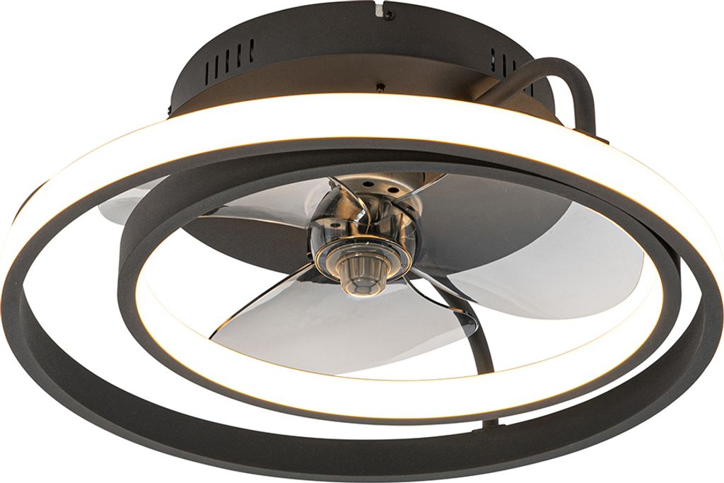 Qazqa led Design Deckenventilator mit Fernbedienung - Kees - Schwarz, RundBürolampe, 2700K - 6500K, 46.5cm, Ideal als Bürolampe, Schlafzimmerlamp...