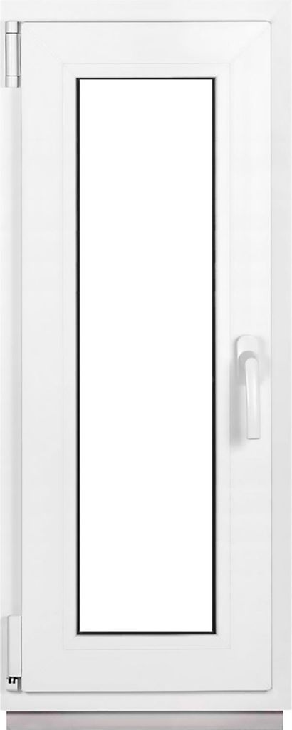 A white PVC window with a single pane of glass and a silver handle.