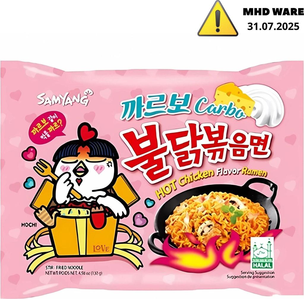 A pink package of Samyang Buldak Hot Chicken Carbonara Ramen.