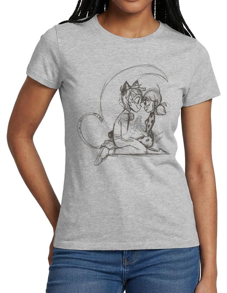 Spreadshirt Miraculous Ladybug Und Cat Noir Zeichnung Frauen T-Shirt, L, Grau meliert