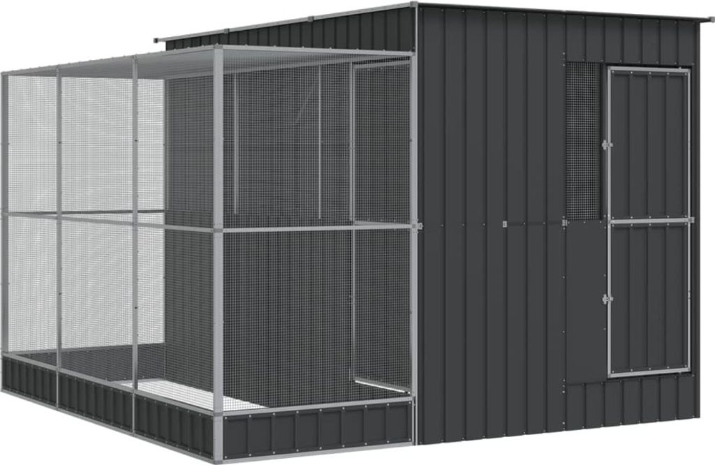 A dark gray metal aviary with a large mesh enclosure attached to one side.