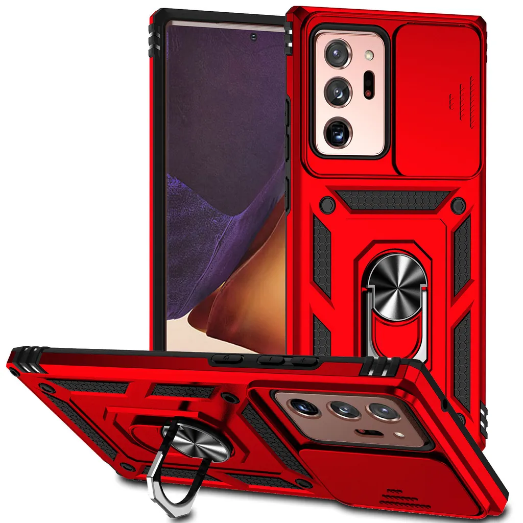Custodia per Samsung Galaxy Note 20 Ultra 5G a doppio strato con copertura scorrevole della fotocamera e supporto ad anello rosso