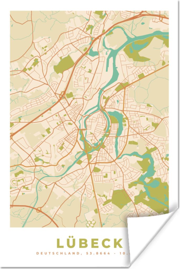 MuchoWow Poster Lübeck - Karte - Vintage - Stadtplan 80x120 cm - Papierdruck