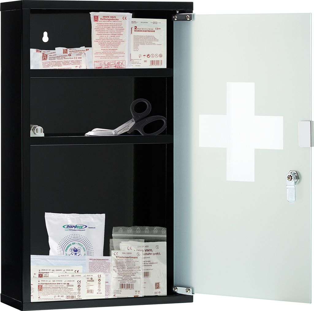 First Aid Cabinet with glass door, with lock, 2 keys, 2pcs. metal shelves, incl. screw set, 30x12x50