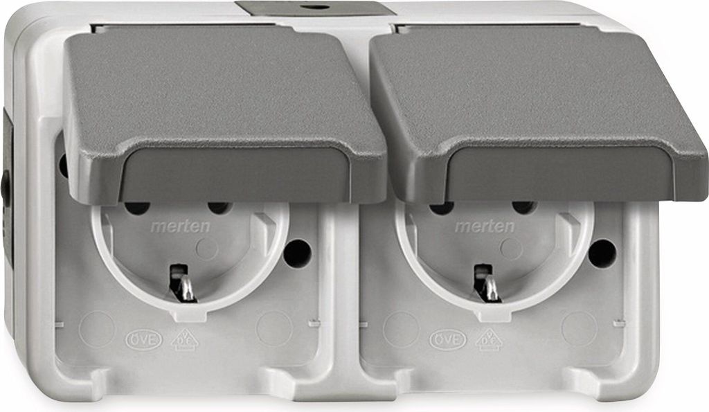 A close-up front view of a white and gray double electrical outlet with protective covers.