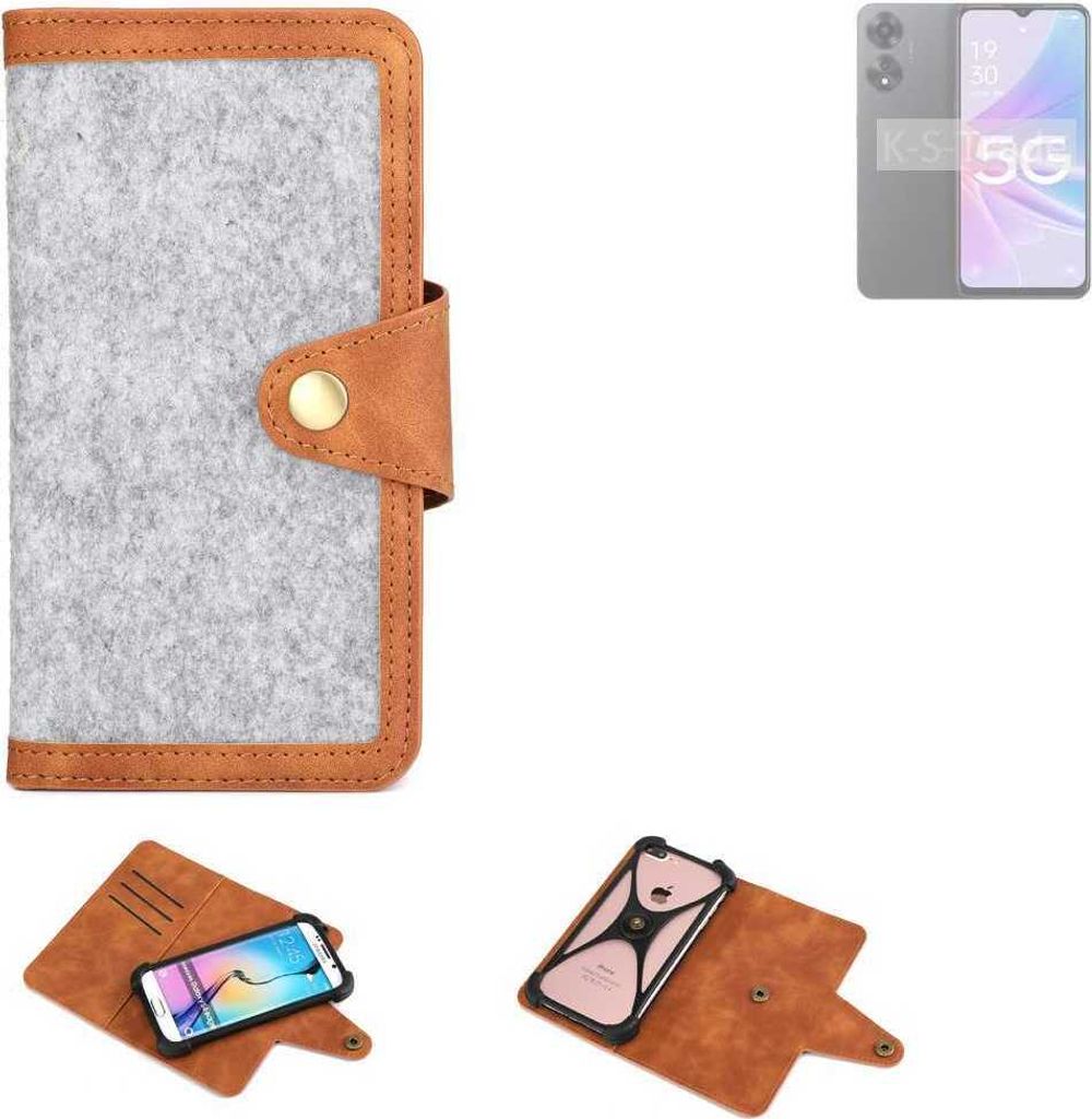 K-S-Trade Handyhülle kompatibel mit Oppo A1x 5G Schutzhülle Filz-Hülle Kunst-Leder hellgrau braun (1x)