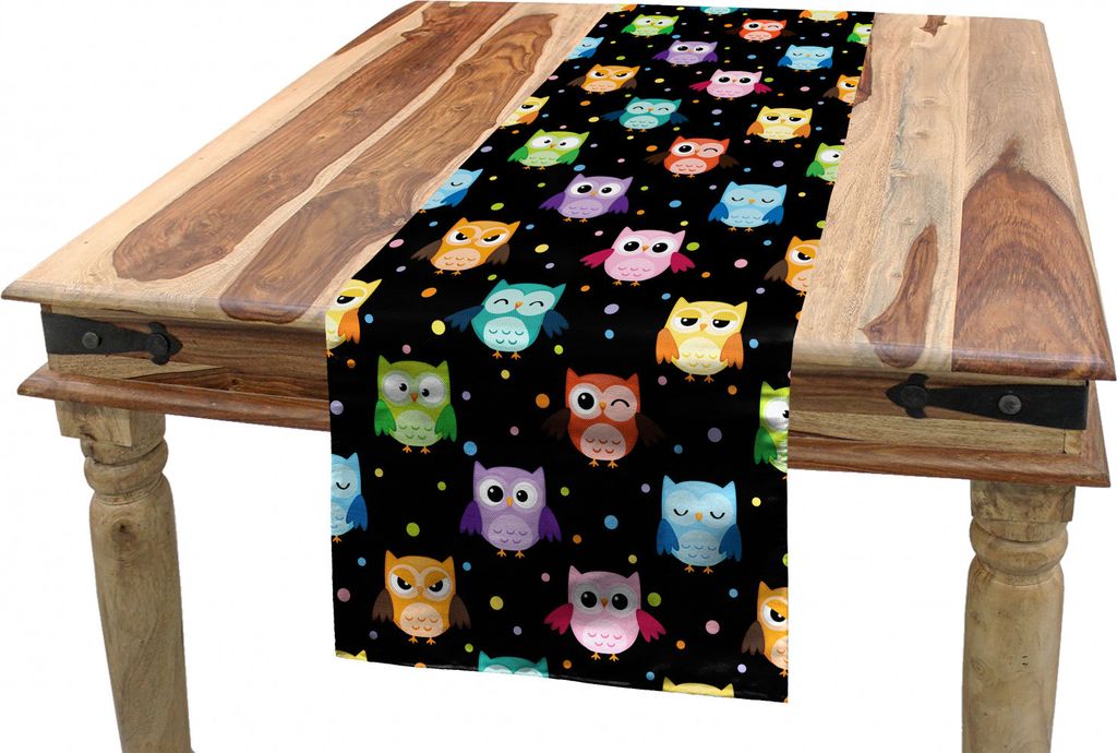 ABAKUHAUS Eulen Tischläufer, Lustige Confused Ernst, Esszimmer Küche Rechteckiger Dekorativer Tischläufer, 40 x 225 cm, Mehrfarbig Schwarz