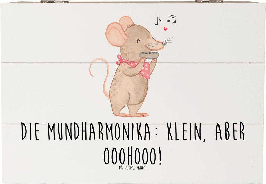 Mr. & Mrs. Panda Geschenkbox Mundharmonika Ohooo 22 x 15 cm - Weiß - Geschenk, Holzkiste, Box, aus Holz, Musik, Lernen, schatztruhe, Musikgenre, K...