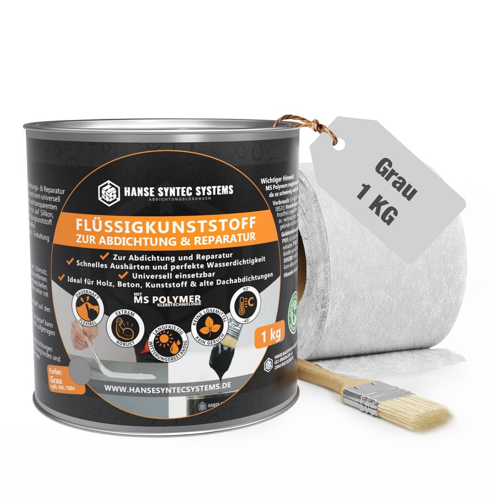 Flüssigfolie Dicht Set DIY 1kg Grau inkl. Pinsel & Vlies – Produktbild 