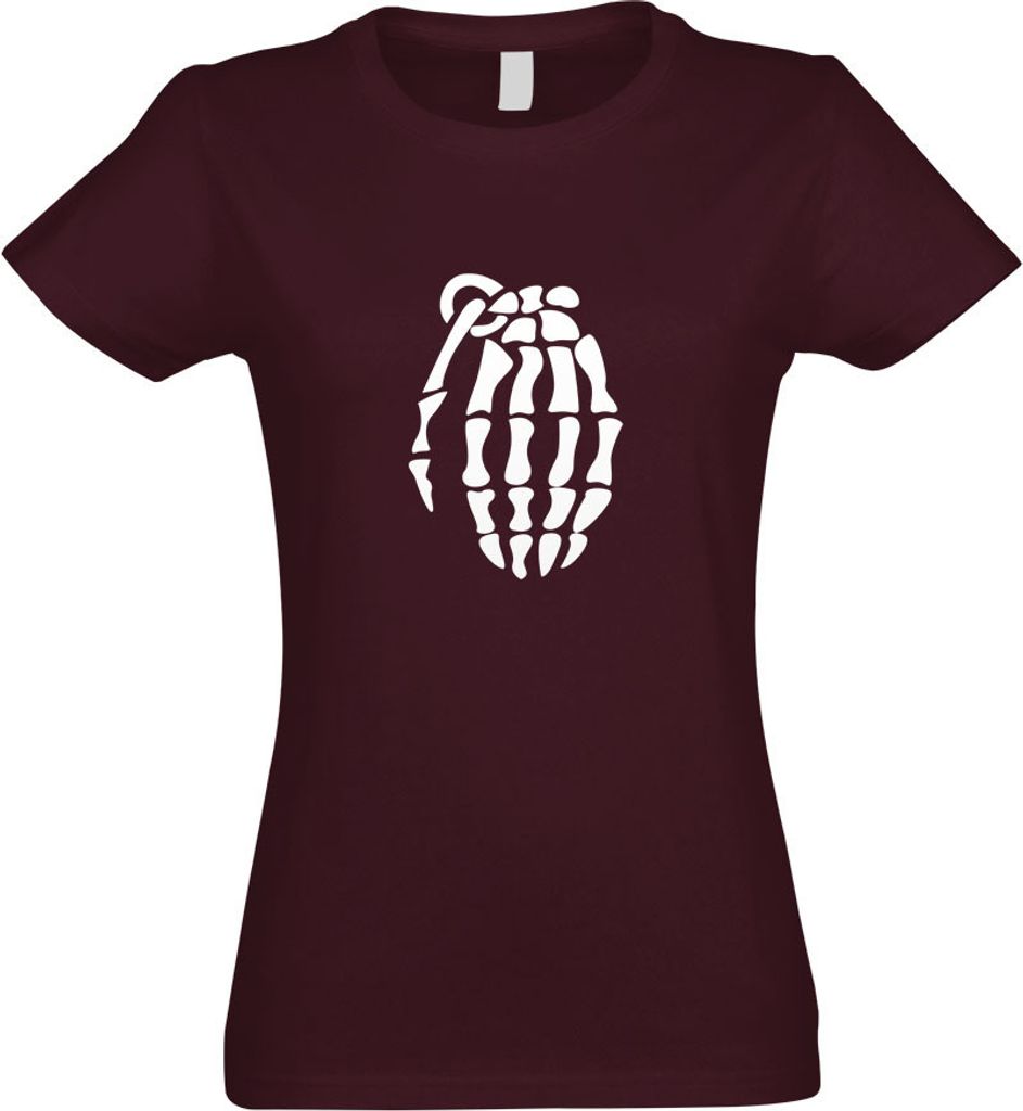 Kiwistar - T-Shirt tailliert - Damen - Burgund - Knochen Skelett Handgranate - mit Motiv Bedruckt - Funshirt Design - Sport - Freizeit - Damen - XL