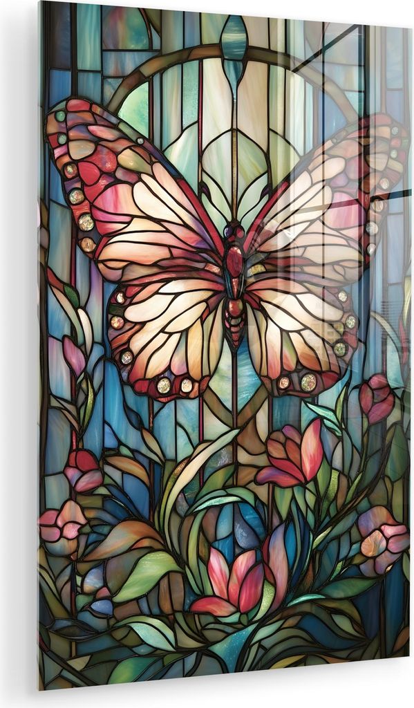 MuchoWow Glasbilder - Bilder auf Wandbild - Foto auf Glas Schmetterling - Rosa - Blumen - Blätter 60x90 cm Wanddekoration aus Glas - Acrylglasbild...