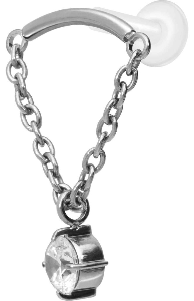 Ohrpiercing, Nasenpiercing PTFE Labret mit Innengewinde + Titan-Aufsatz BOGEN + KETTE + KRISTALL Silber Stablänge: 8mm | Stabstärke: 1,6mm
