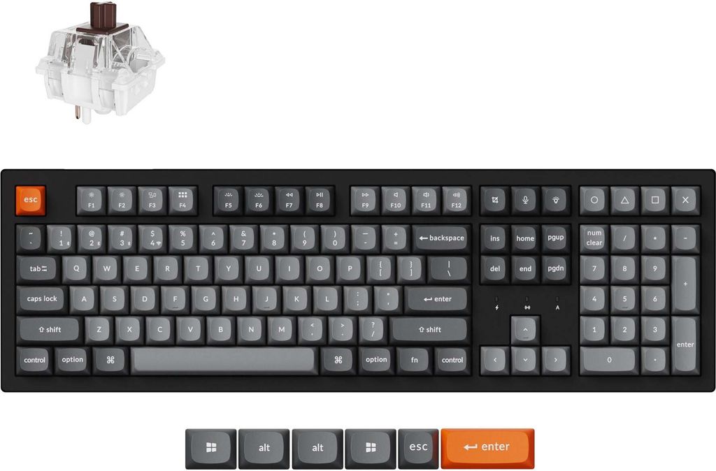 A mechanical keyboard and a keyboard switch are displayed against a white background.