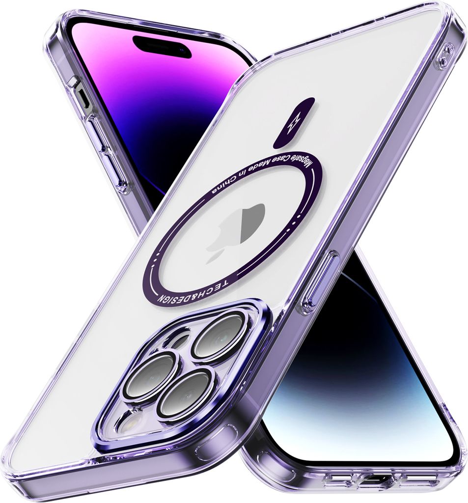 Magnetisch Klare Hülle für iPhone 14 Pro, Kompatibel mit MagSafe, Hybrid Stoßfeste Handyhülle Lila