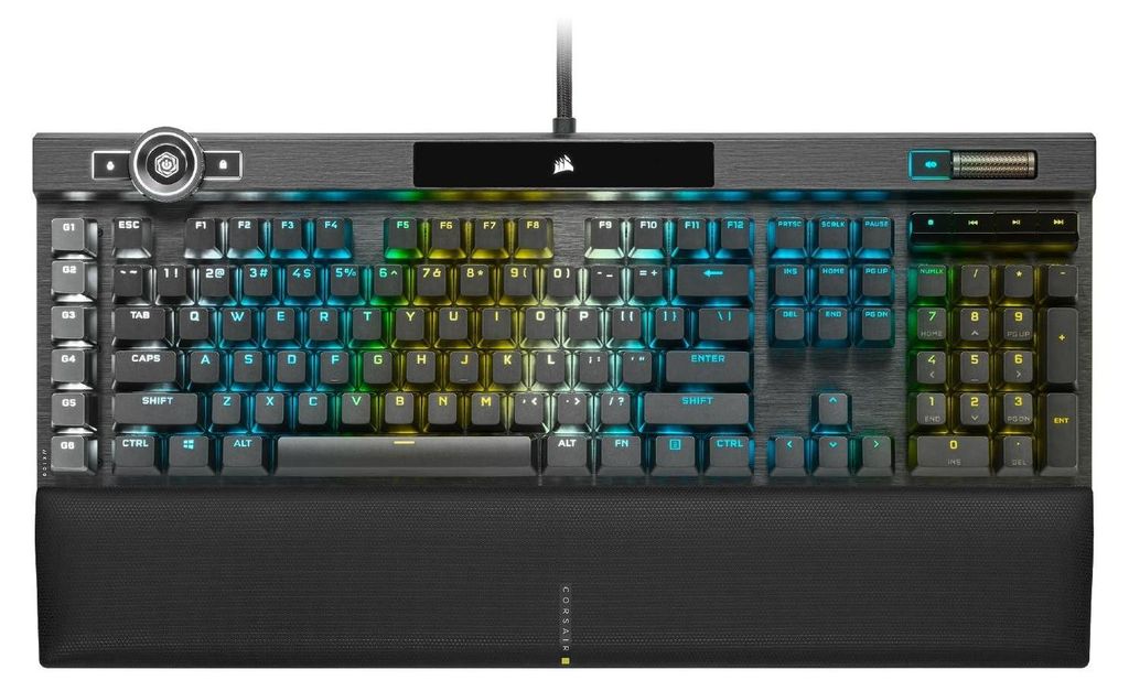 A top-down view of a black gaming keyboard with RGB lighting.