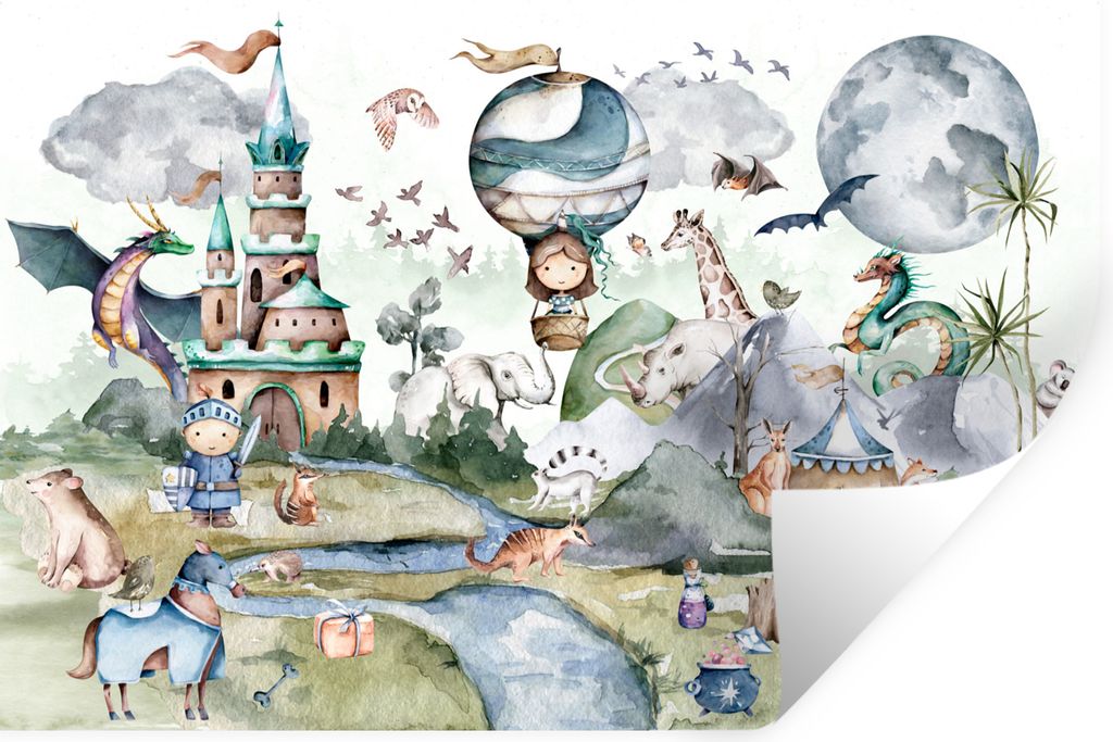 MuchoWow Wandtattoo Wandsticker Wandaufkleber Kinder - Heißluftballon - Drache - Jungen - Burg - Aquarell 30x20 cm Selbstklebend und Repositioni...