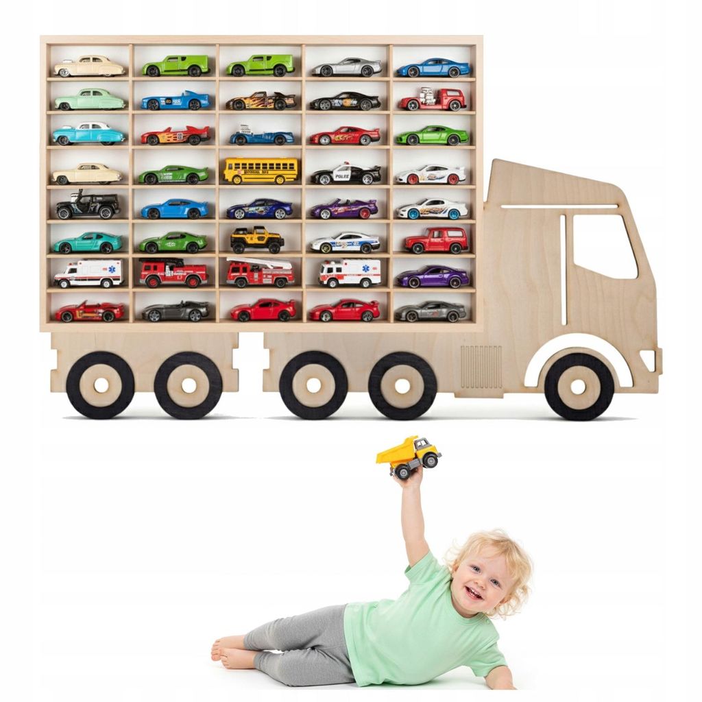 Modellauto-Regal für 40 Autos 1:64 – Wandregal & Setzkasten für Spielzeugautos, Lkw-Motiv, Birken-Sperrholz – Detailansicht der Fächer