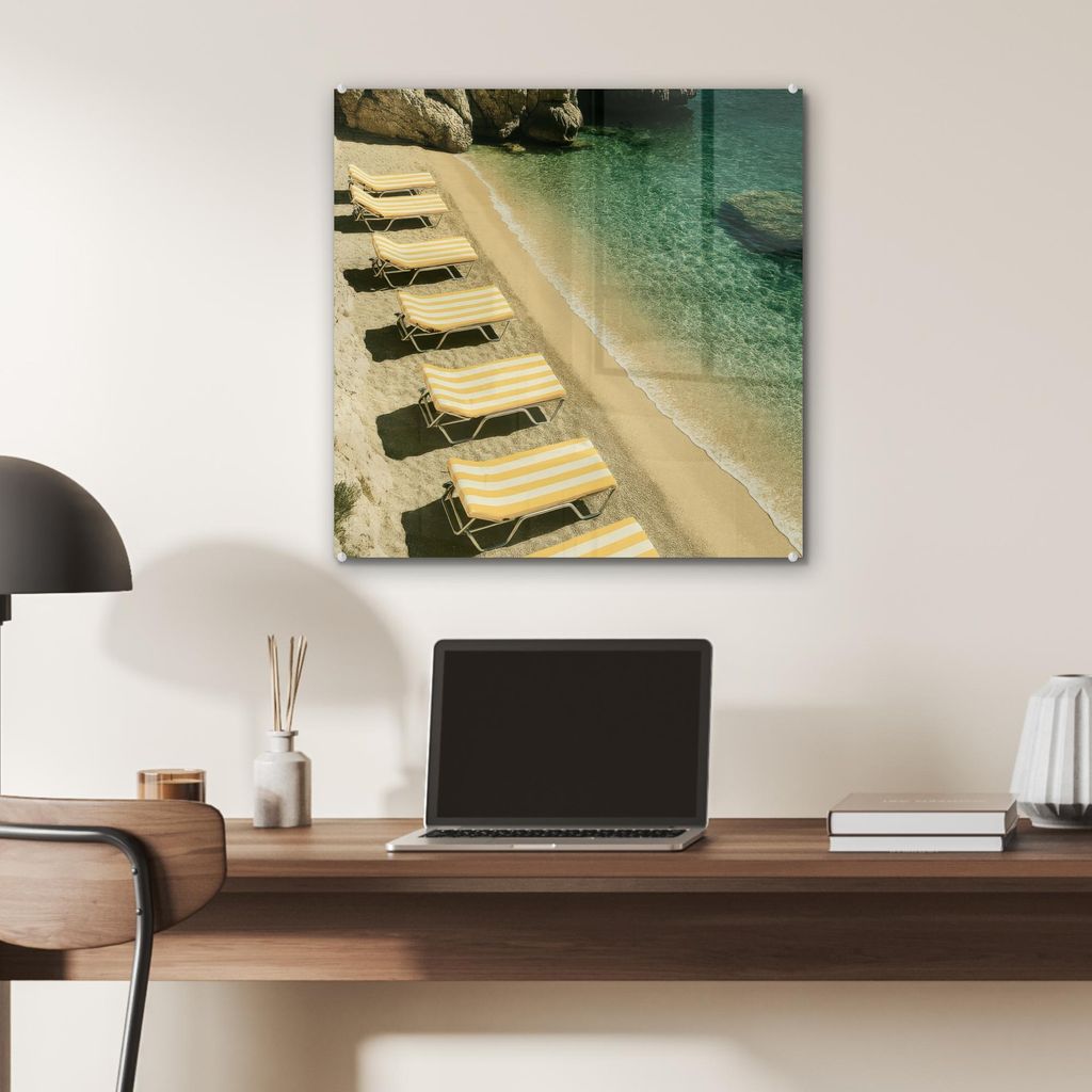 MuchoWow Glasbilder - Bilder auf Wandbild - Foto auf Glas Strandbetten - Meer - Steine - Bucht 40x40 cm Wanddekoration aus Glas - Acrylglasbild - A...