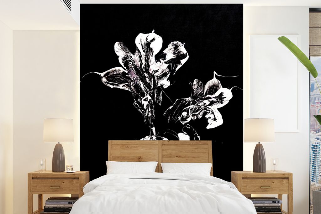 MuchoWow Fototapete für Wohnzimmer oder Schlafzimmer Wandtapete Vinyl Motivtapete Blumen - Farbe - Schwarz - Weiß - 175x240 cm - Schlafzimmerta...