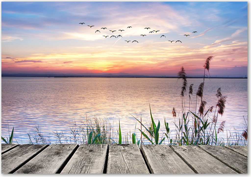 Tulup Glas-Bild - 100 x 70 - Wandbild aus Glas - Wandkunst - Wandbild hinter gehärtetem Sicherheitsglas - Landschaften - See Sonnenuntergang - O...