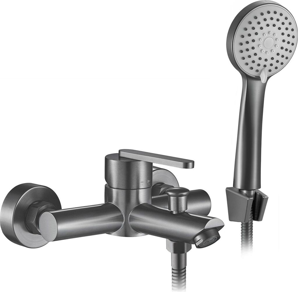 A wall-mounted bathtub faucet with a handheld showerhead, shown against a white background.