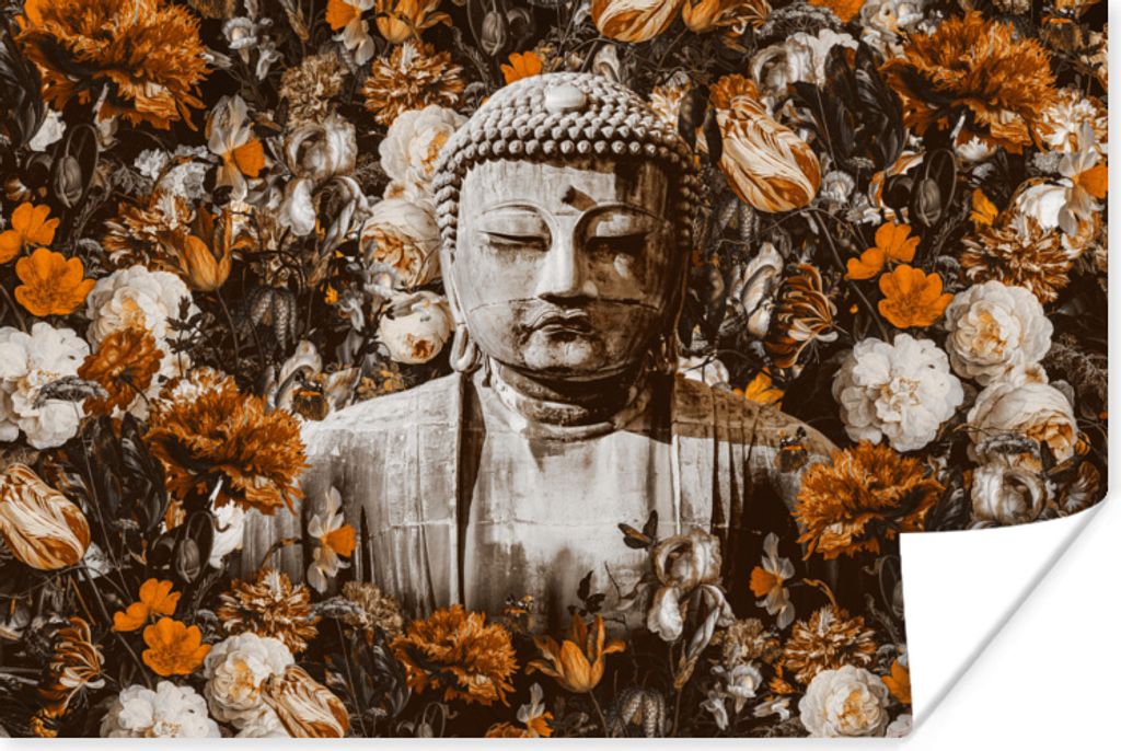 MuchoWow Poster Buddha - Blumen - Orange 180x120 cm - Fotoplakat