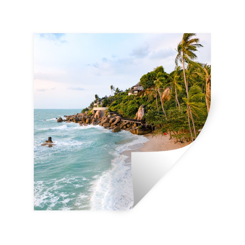 MuchoWow Wandtattoo Wandsticker Wandaufkleber Strand mit Palmen und Meer 100x100 cm Selbstklebend und Repositionierbar - Wierderverwendbar - Selb...