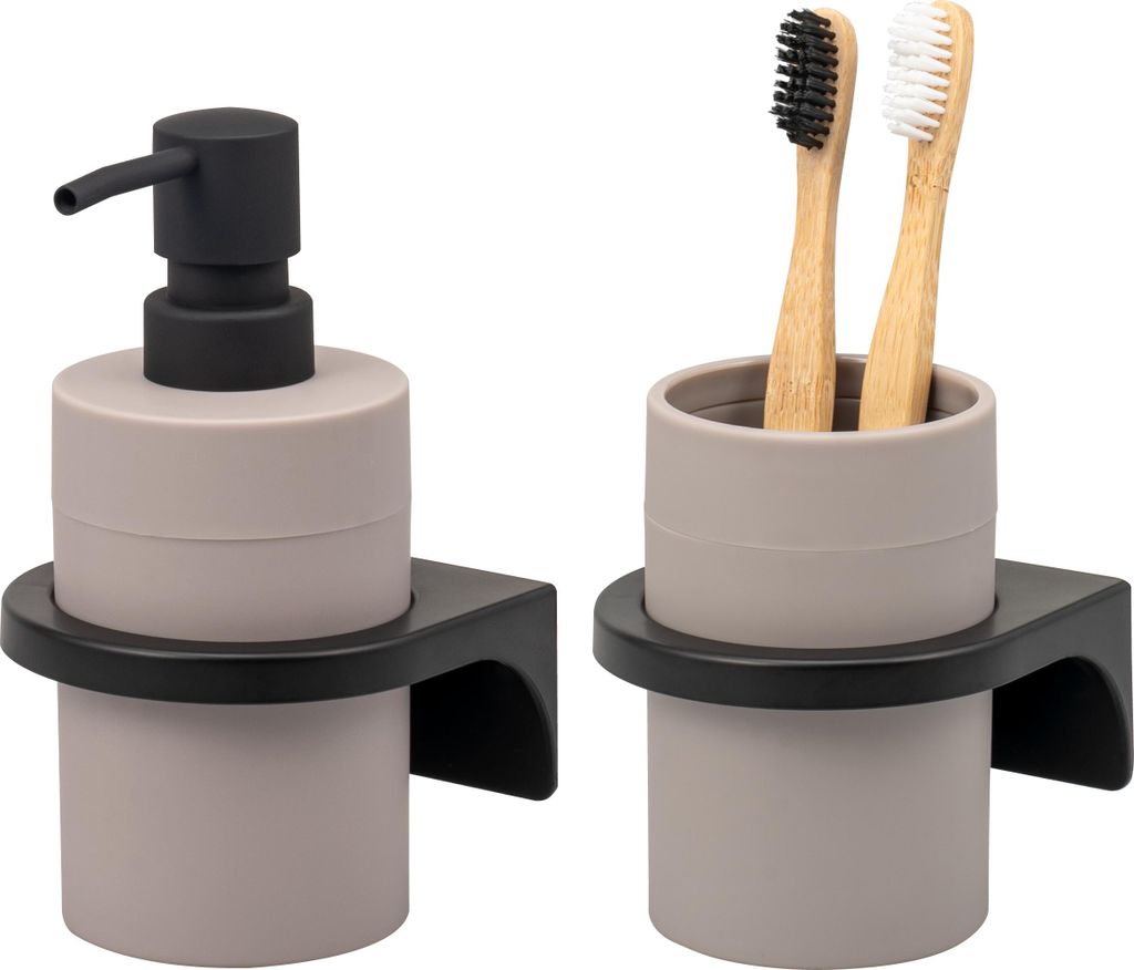 bremermann Bad-Accessoires Set SAVONA 2tlg. mit Soft-Touch Oberfläche, 1x Seifenspender, 1x Becher, Kunststoff taupe