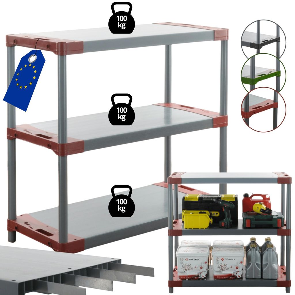 MODO24 Kunststoffregal, 3 Ablagen, 100kg/Boden, Schwerlast, Steckregal, Lagerregal, Plastikregal, Werkstatt, 98x140x46?cm, Rot, TYTAN