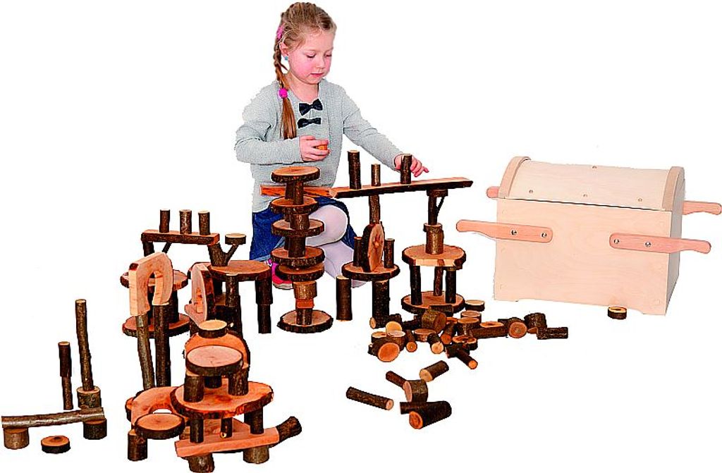 Baumklötze 144 Stk. in Piratenkiste, Natur pur aus Baumscheiben und Aststücken