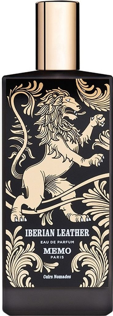 A black perfume bottle with gold accents and a lion illustration.