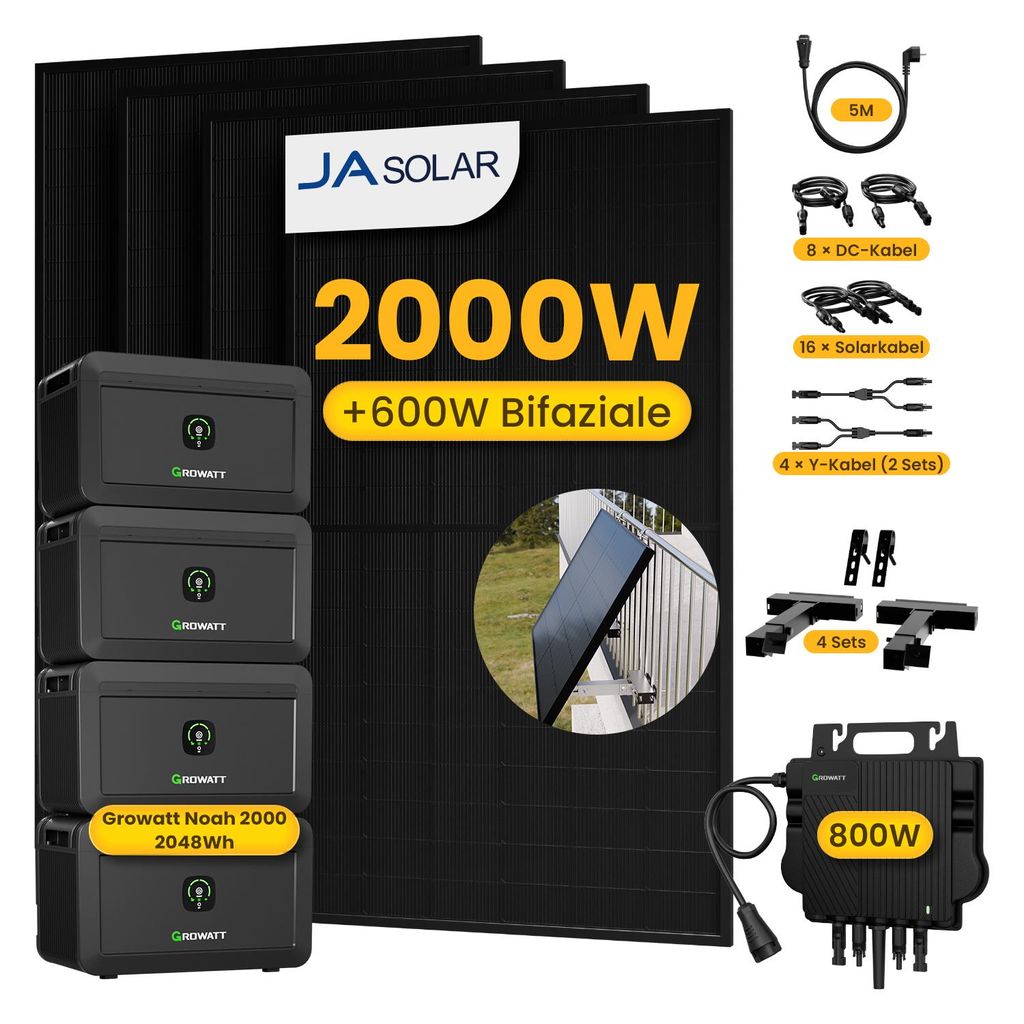 Powerness Balkonkraftwerk mit Speicher, 4x JA Solar 500W Module & Growatt 800W Mikro-Wechselrichter, 4x Growatt NOAH 2000,4x Balkon-Halterung(Schwarz)