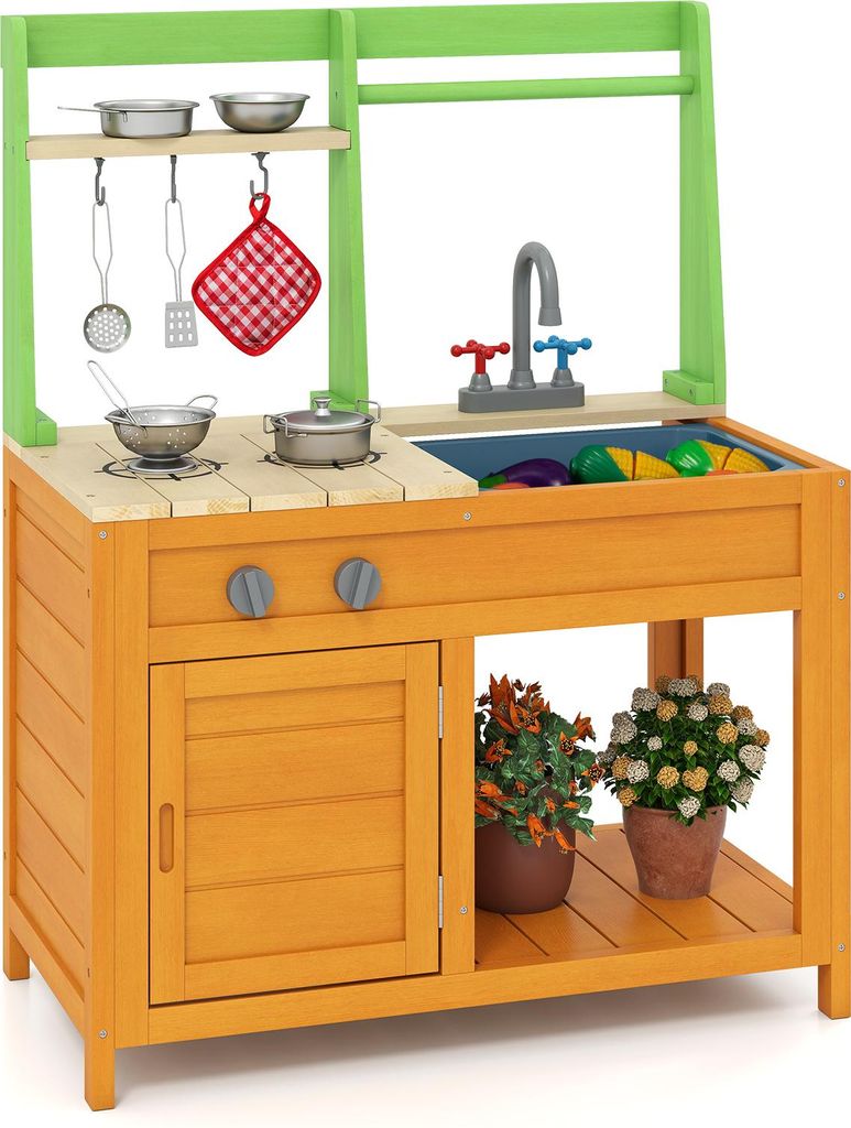 COSTWAY Matschküche Kinder Outdoor, Kinderküche mit Zubehör, realistischen Herden, Wasserhahn, Spüle&Ofen, Spielküche, Küche Gartenküche fü...