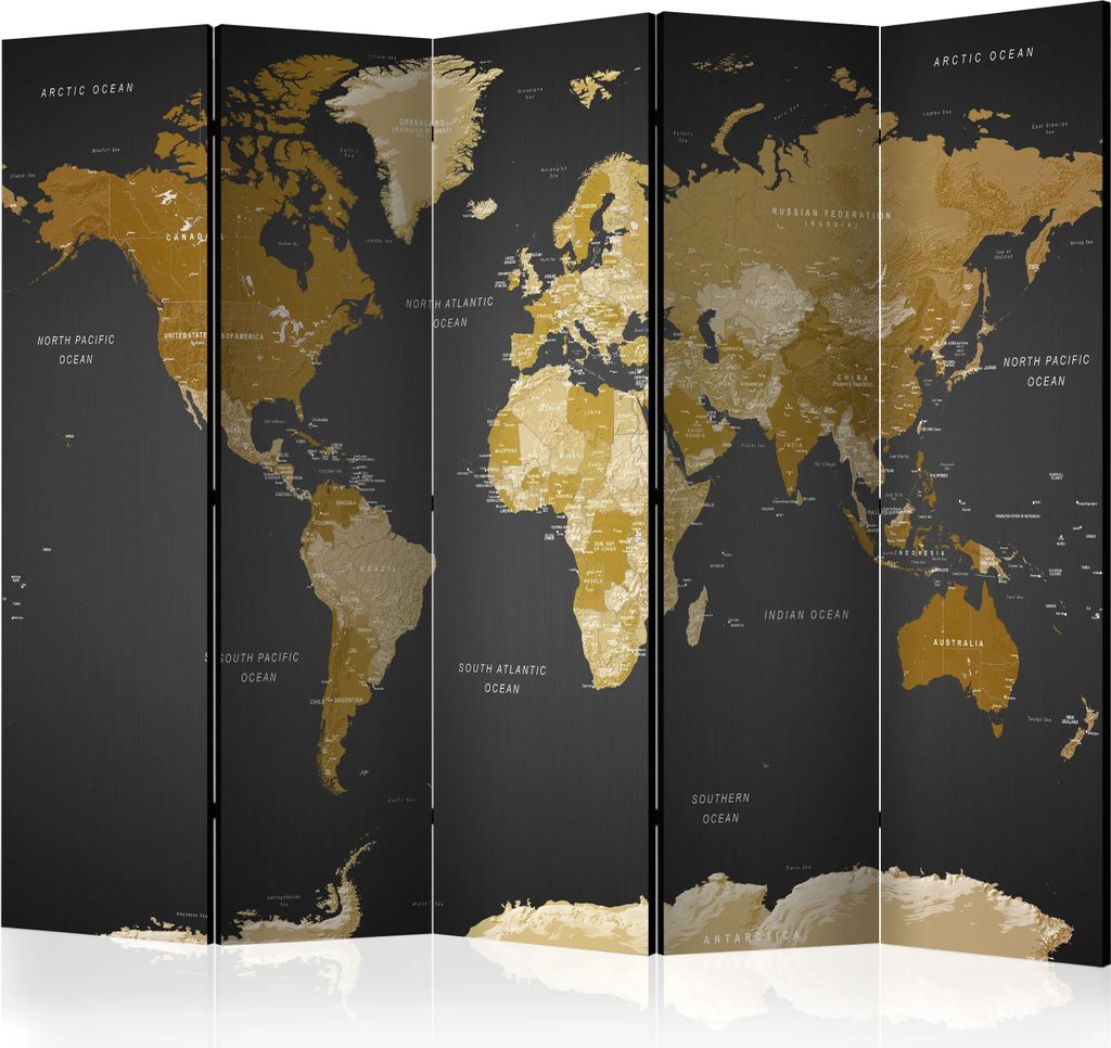 5-teiliger Doppelseitiger Vlies Paravent - World map on dark background 225x172 cm k-A-0092-z-c
