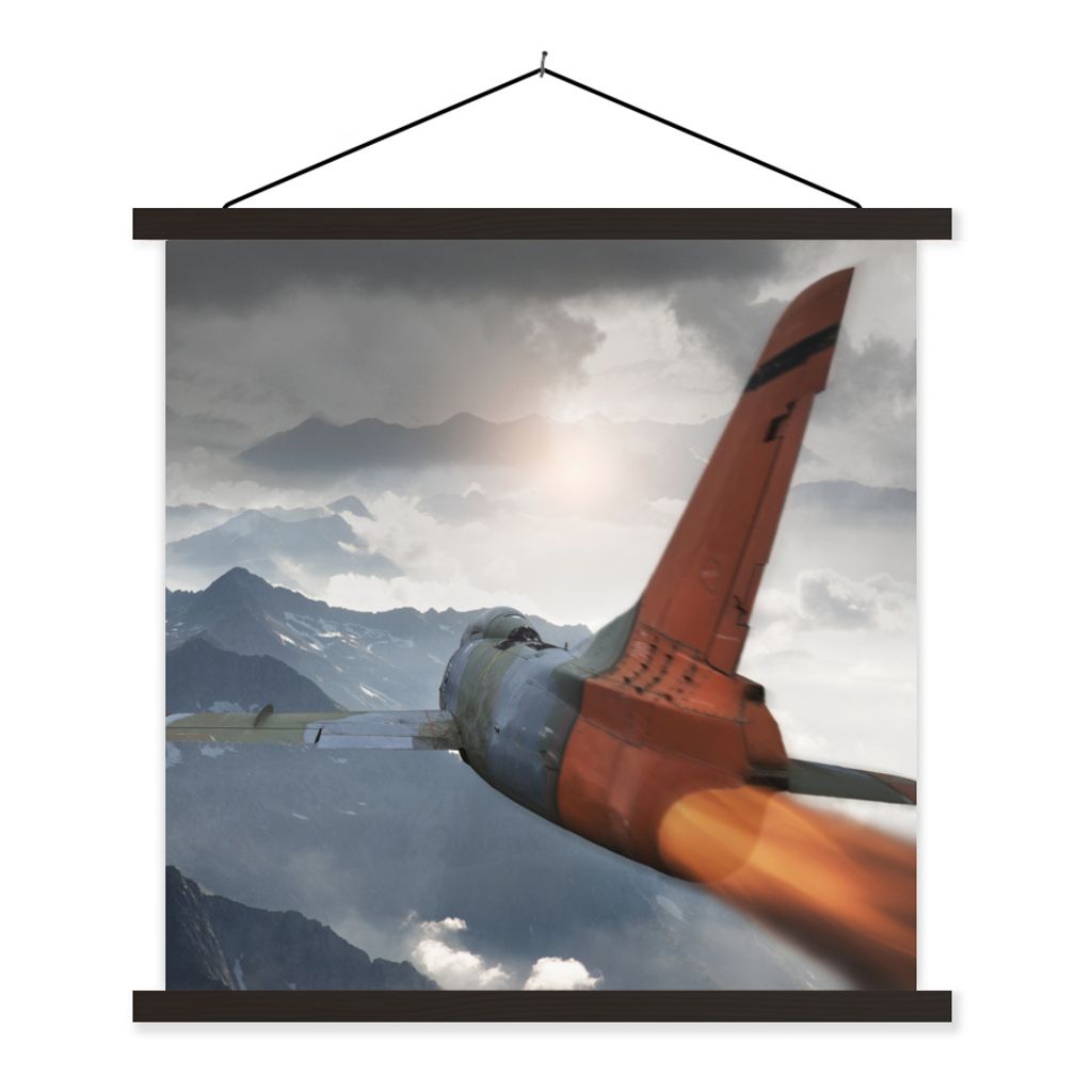 MuchoWow Textilposter Ein Armeejet über den Bergen 90x90 cm mit schwarzem Rahmen - Magnetisches