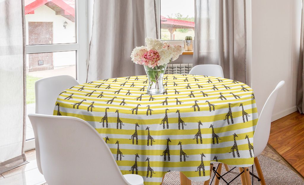 ABAKUHAUS Tier Runde Tischdecke, Savannah Wildlife Cartoon, Kreis Tischdecke Abdeckung für Esszimmer Küche Dekoration, 150 cm, Gelb, Grün, Weiß