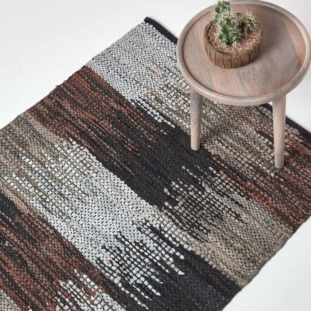 Grand tapis de couloir en cuir véritable bicolore gris et noir 66x200