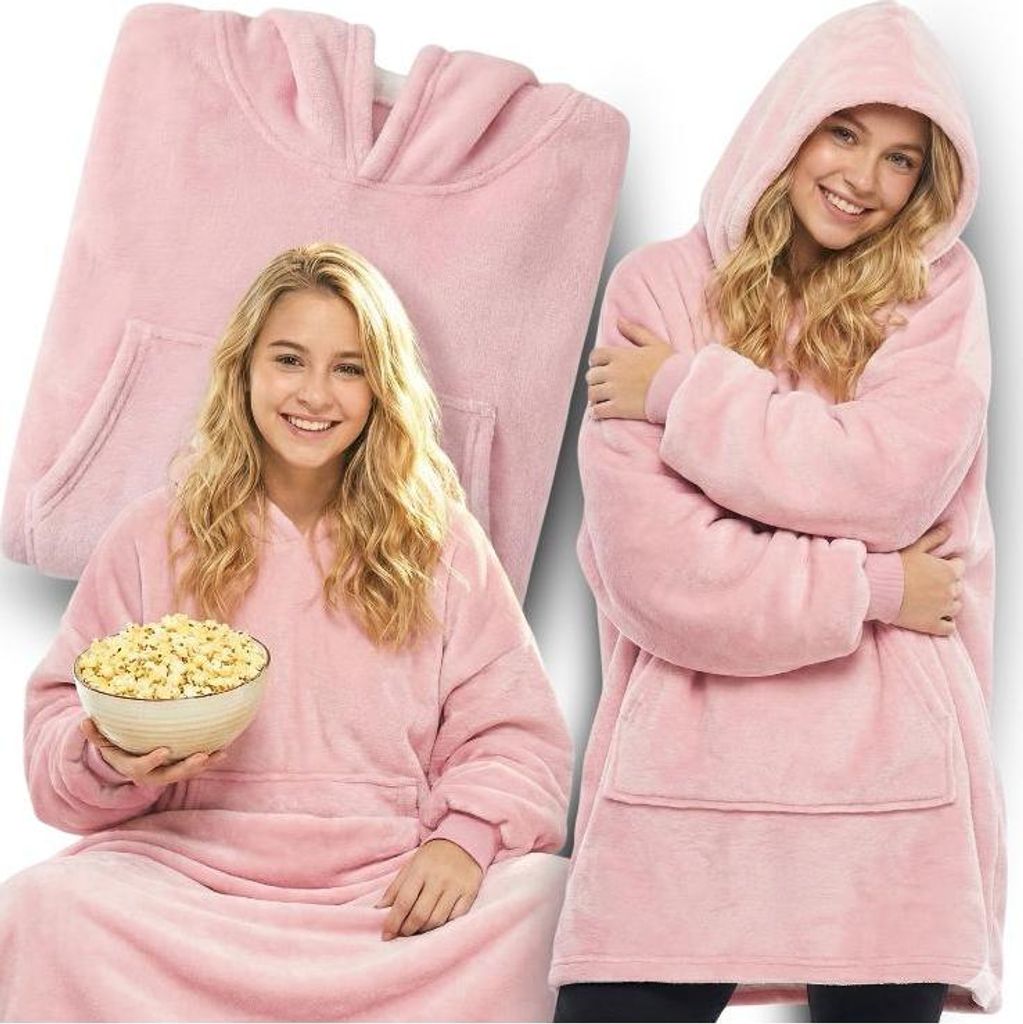 A collage of a young woman wearing a pink hoodie blanket, holding a bowl of popcorn, and another shot of the hoodie blanket itself.