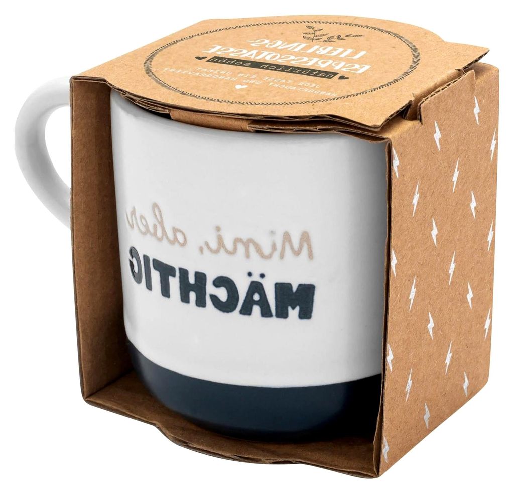Espressotasse mit Gravur "Mini, aber mächtig" | Tasse aus Steinzeug, 10 cl, mit Geschenk-Banderole | Geschenk für Freunde, Geburtstag