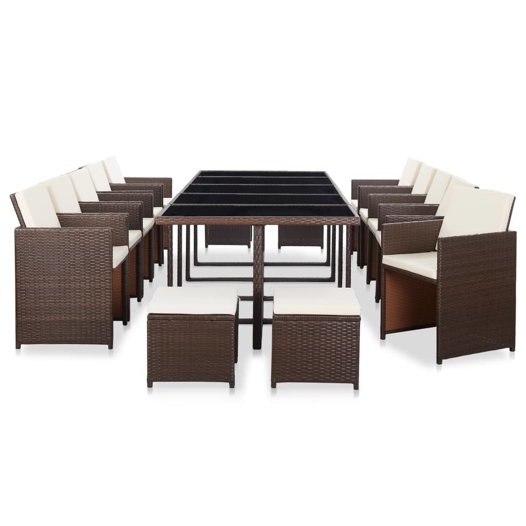 15-tlg. Garten-Essgruppe mit Auflagen Poly Rattan Braun